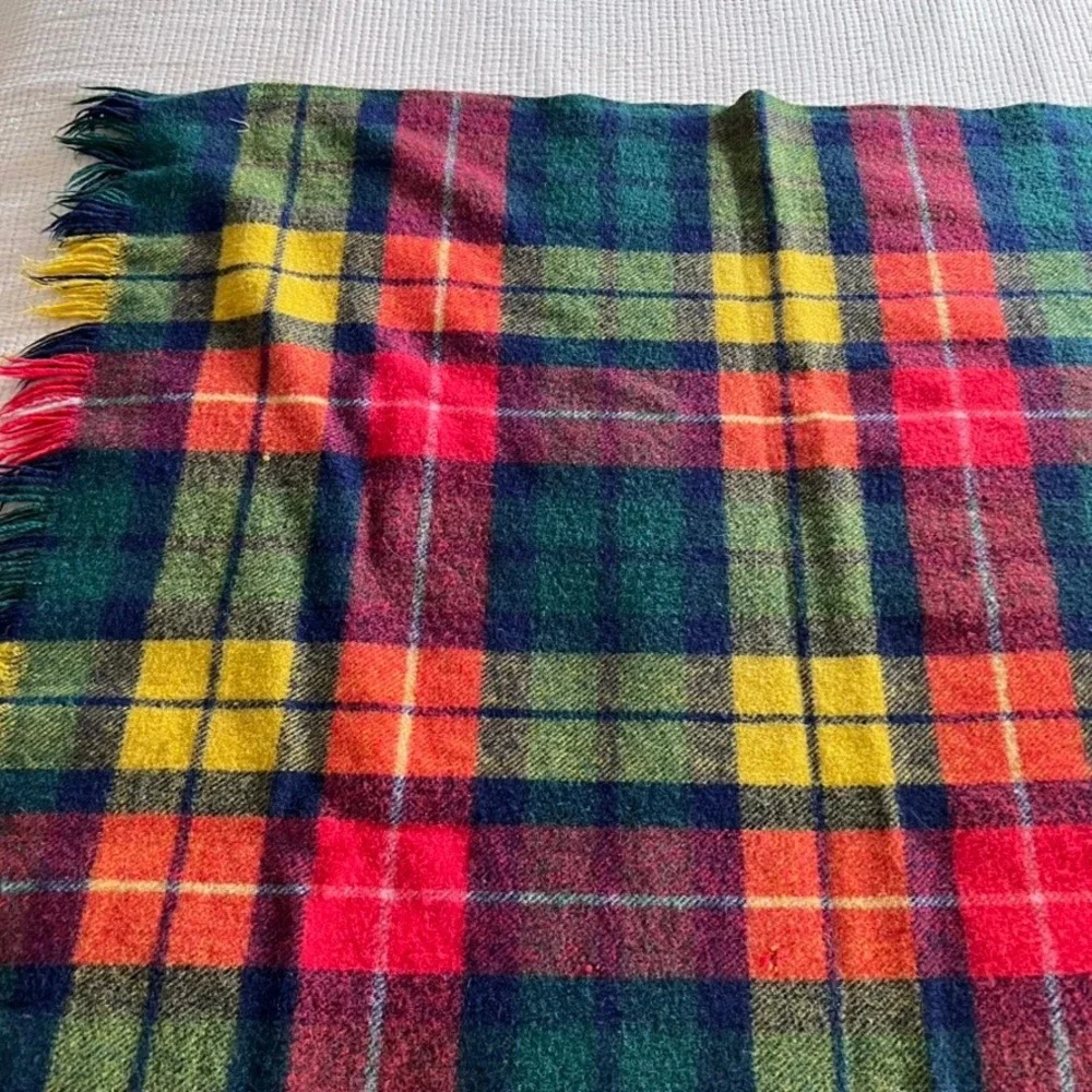 Vintage Tartan‎ Plaid Wool Blanket Throw Fringe Red Green Yellow Blue Cozy 47x50